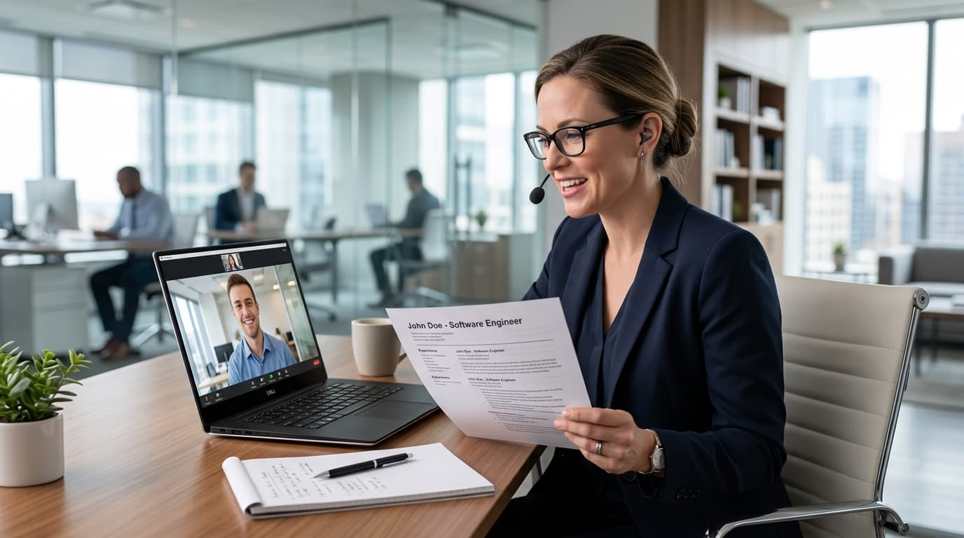 Recruiter Conducting Video Interview and Resume Evaluation